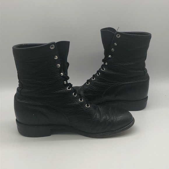 Vintage Justin Boots Men's 8D Western Bullhide Pebbled Leather Roper Lace Up - Picture 3 of 7